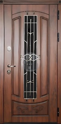 Входная дверь со стеклом и ковкой, с отделкой коричневым виноритом-ДВ-1698
